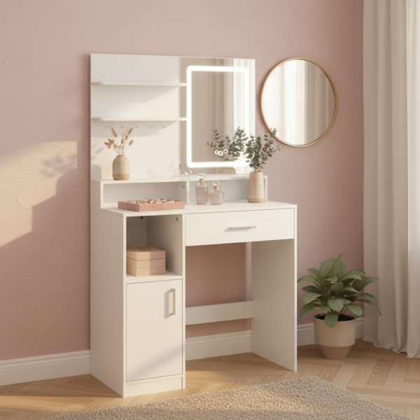 Coiffeuse compacte LED avec étagères et tiroir coin maquillage rose poudré