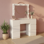 Coiffeuse LED 7 tiroirs, plateau 110 cm coin maquillage rose poudré