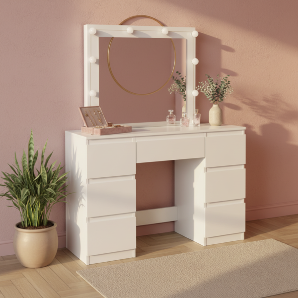 Coiffeuse LED 7 tiroirs, plateau 110 cm coin maquillage rose poudré