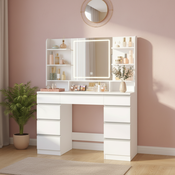 Grande coiffeuse LED 9 tiroirs, finition argent coin maquillage rose poudré