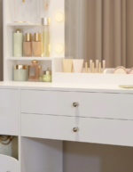 Coiffeuse LED 4 tiroirs avec support sèche-cheveux détail finition