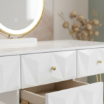 Ensemble coiffeuse blanche + chaise + miroir LED détail finition