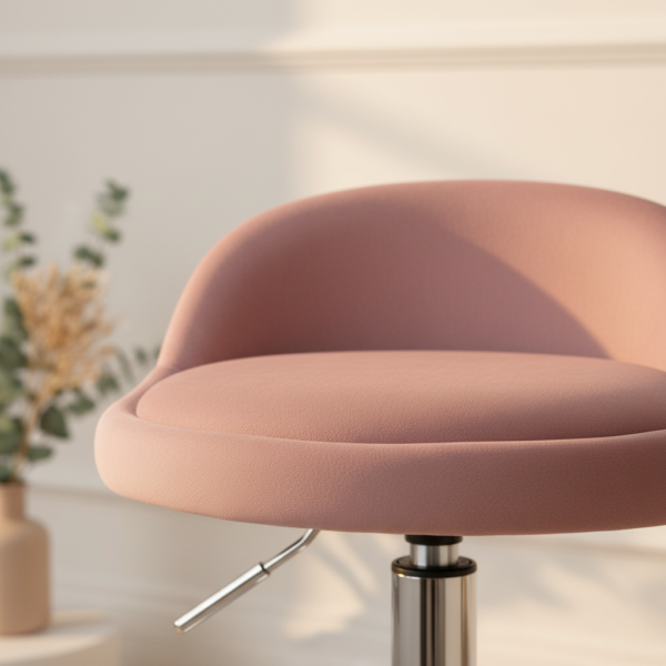 Détail velours rose et pied chromé du tabouret