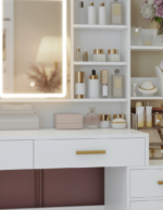 Coiffeuse blanche LED 3 tiroirs avec rangements détail finition