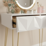 Pack coiffeuse blanche dorée + miroir LED + chaise détail finition