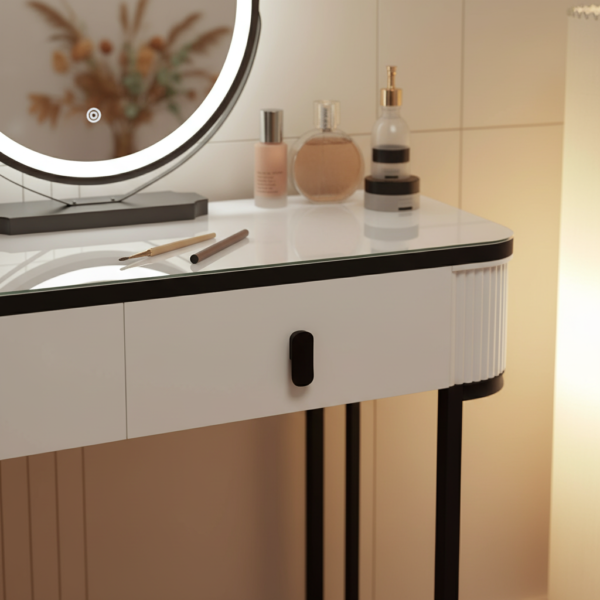 Coiffeuse blanche moderne avec miroir LED rond détail finition