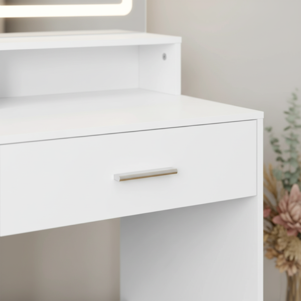 Coiffeuse compacte LED avec étagères et tiroir détail finition